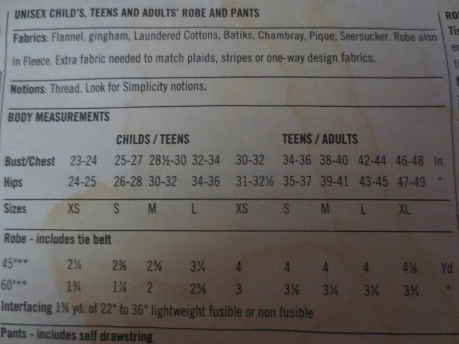 Simplicity pattern 9834 Unisex Childs Teens Adults Robe & Pants Uncut