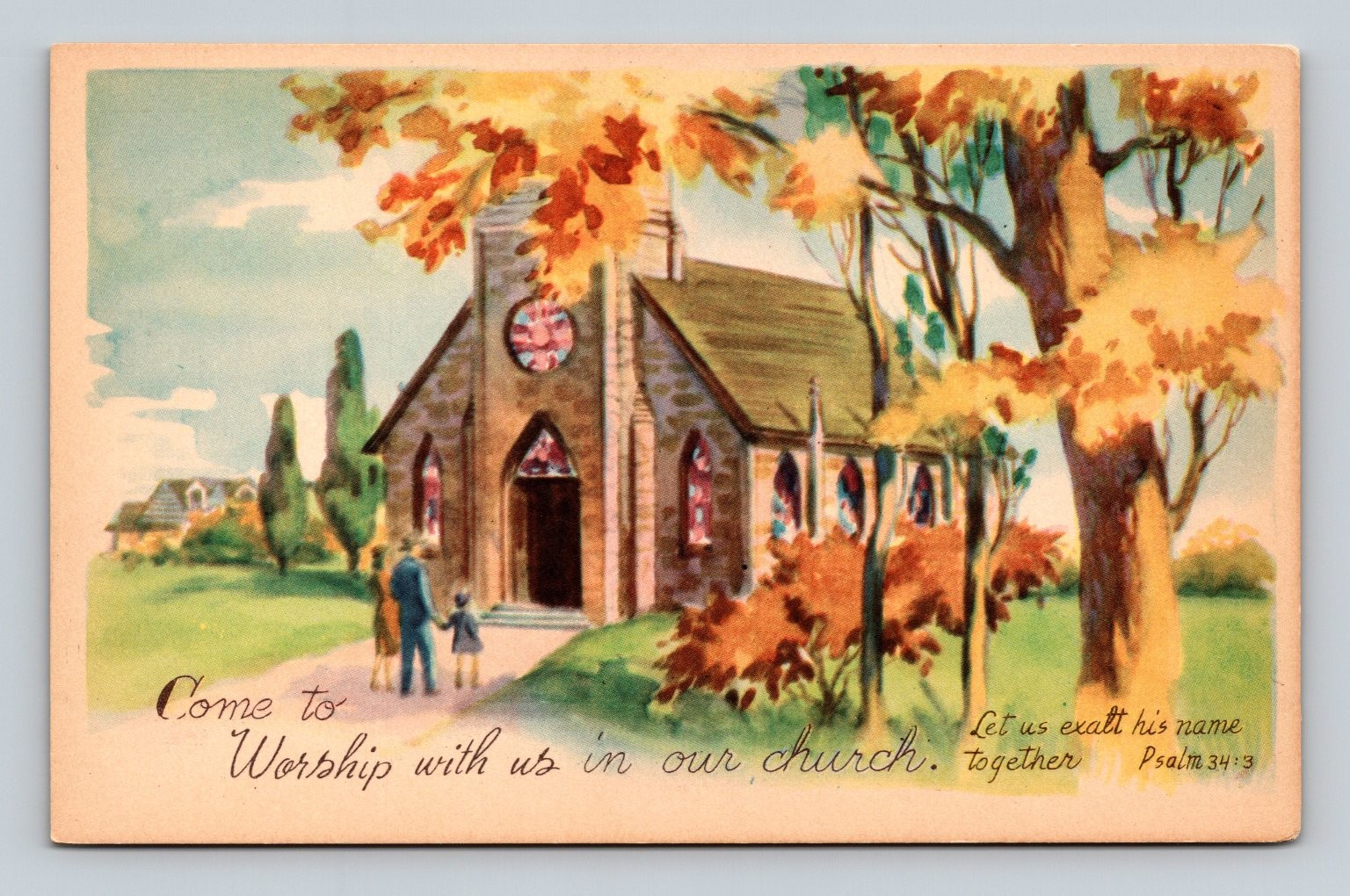 Vintage Autumn Church Postcard, Worship Invitation, Religious Art Print