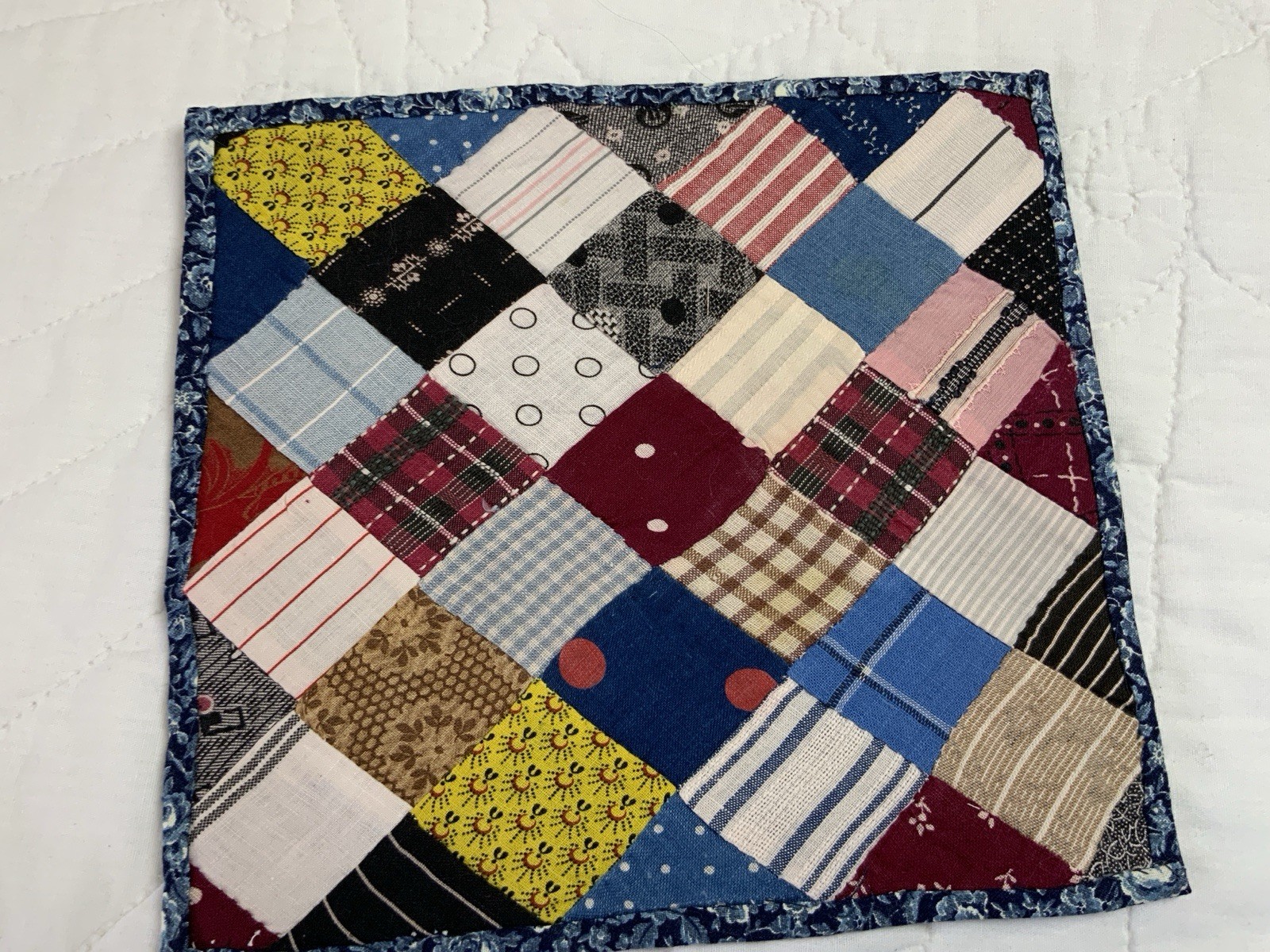 Vintage Patchwork Quilt Table Topper, Four Patch, Early Calico Prints, Blue, Red