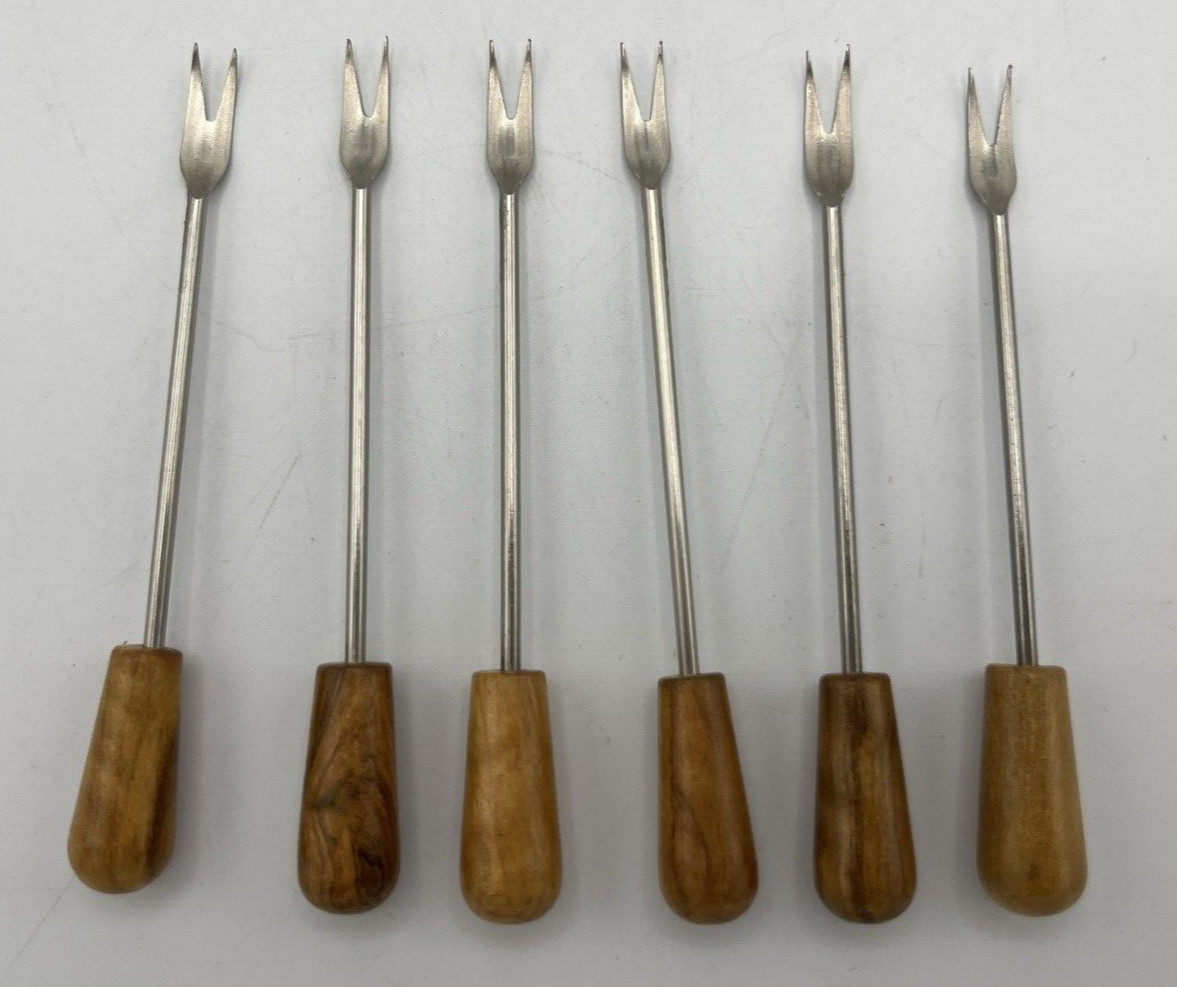 Cocktail Fork Fondue Appetizer Stainless Steel Olive Wood Handle Spain Lot of 6