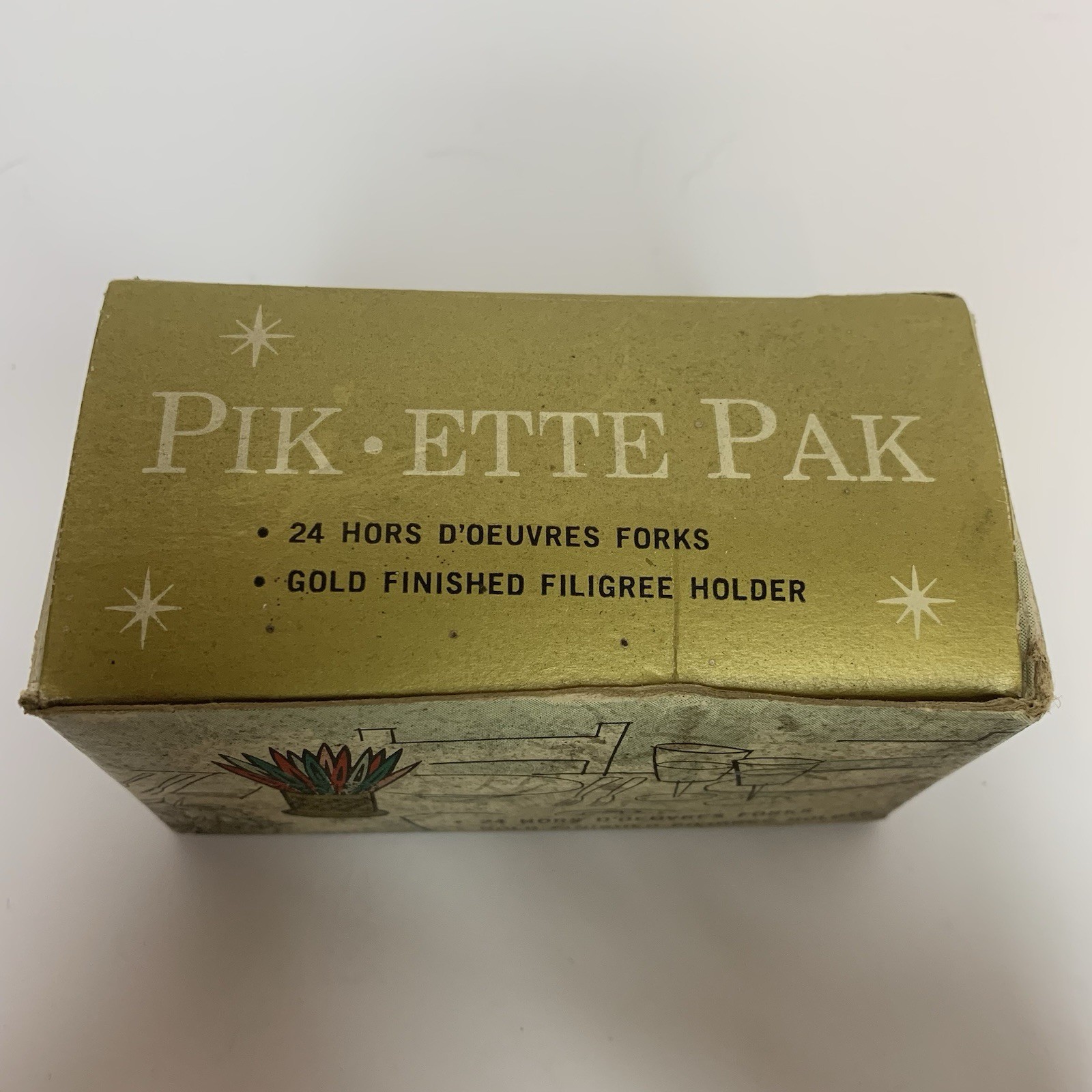 MCM Pick-Ette Pack Appetizer Fork Set 24 Plastic Forks With Gold Tone Holder