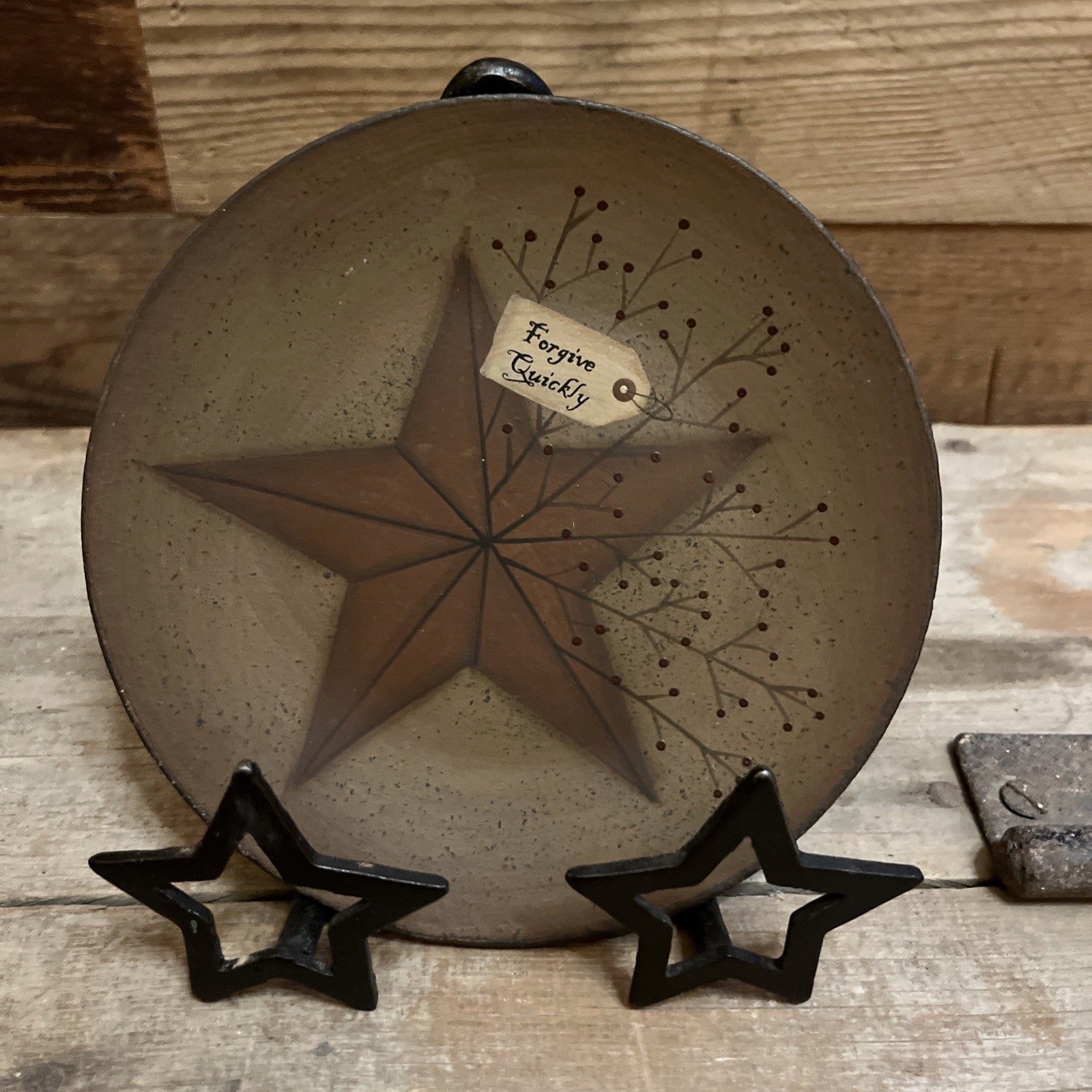 Barbara Lloyd 6” Wooden Plate ‘Forgive Quickly” Rustic, Primitive, Star