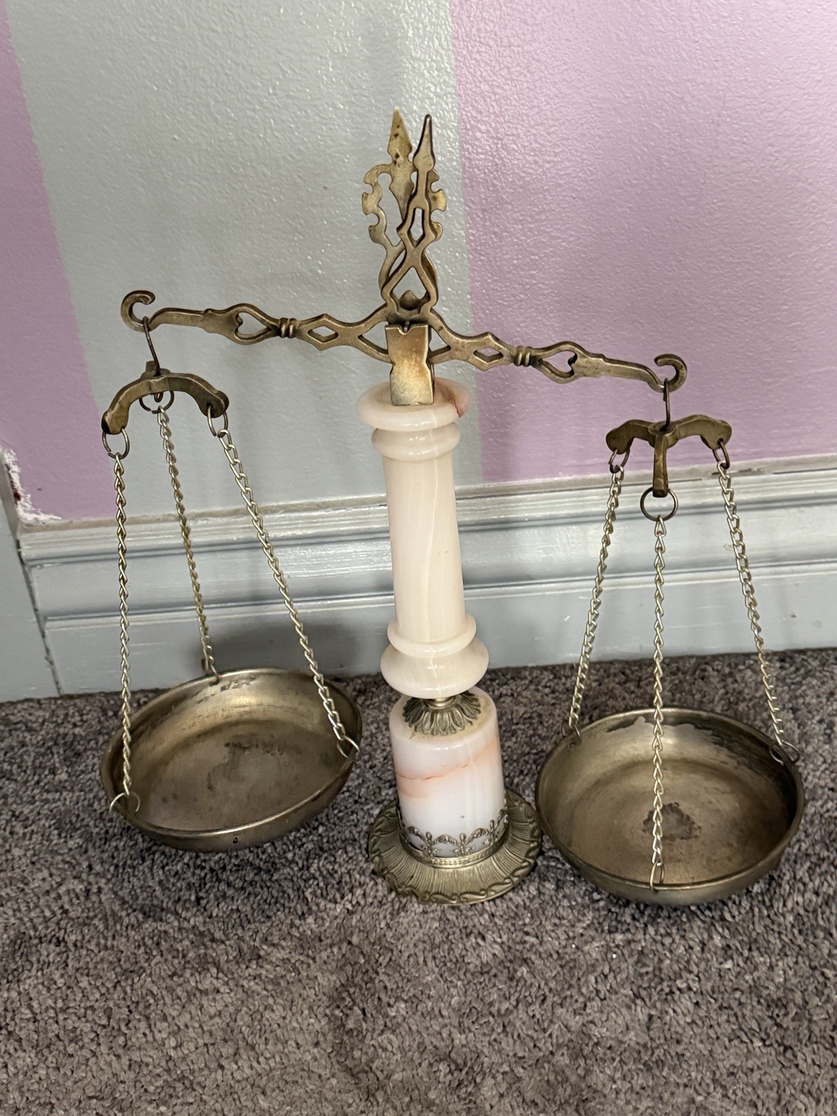 Jim Tirrenia Brass, Onyx, Marble, Alabaster Scale Of Justice 14″ Tall – Italy