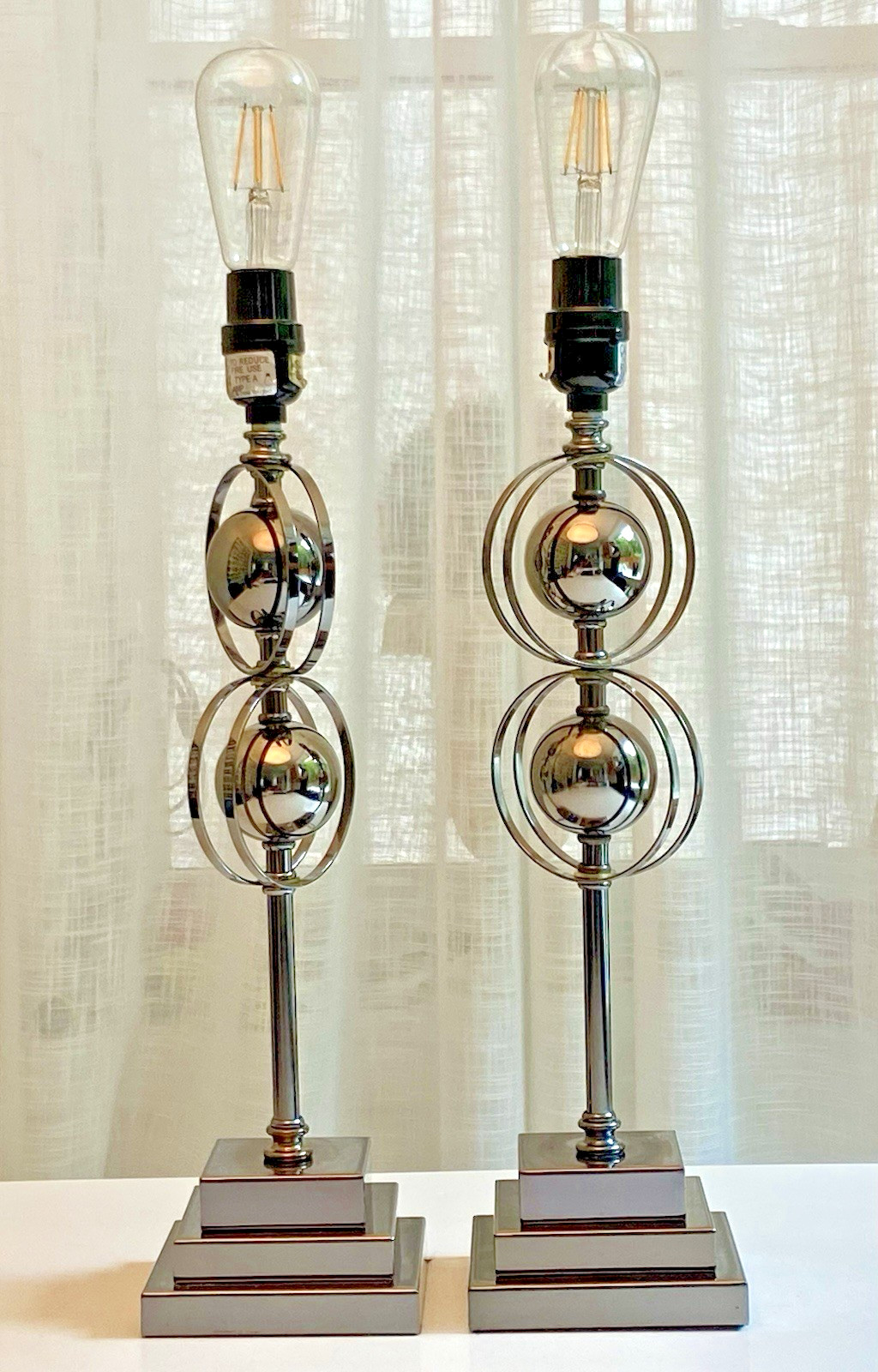 Pair 1970s Postmodern Chrome Orb Table Lamps Gunmetal Art Deco Revival / Modern
