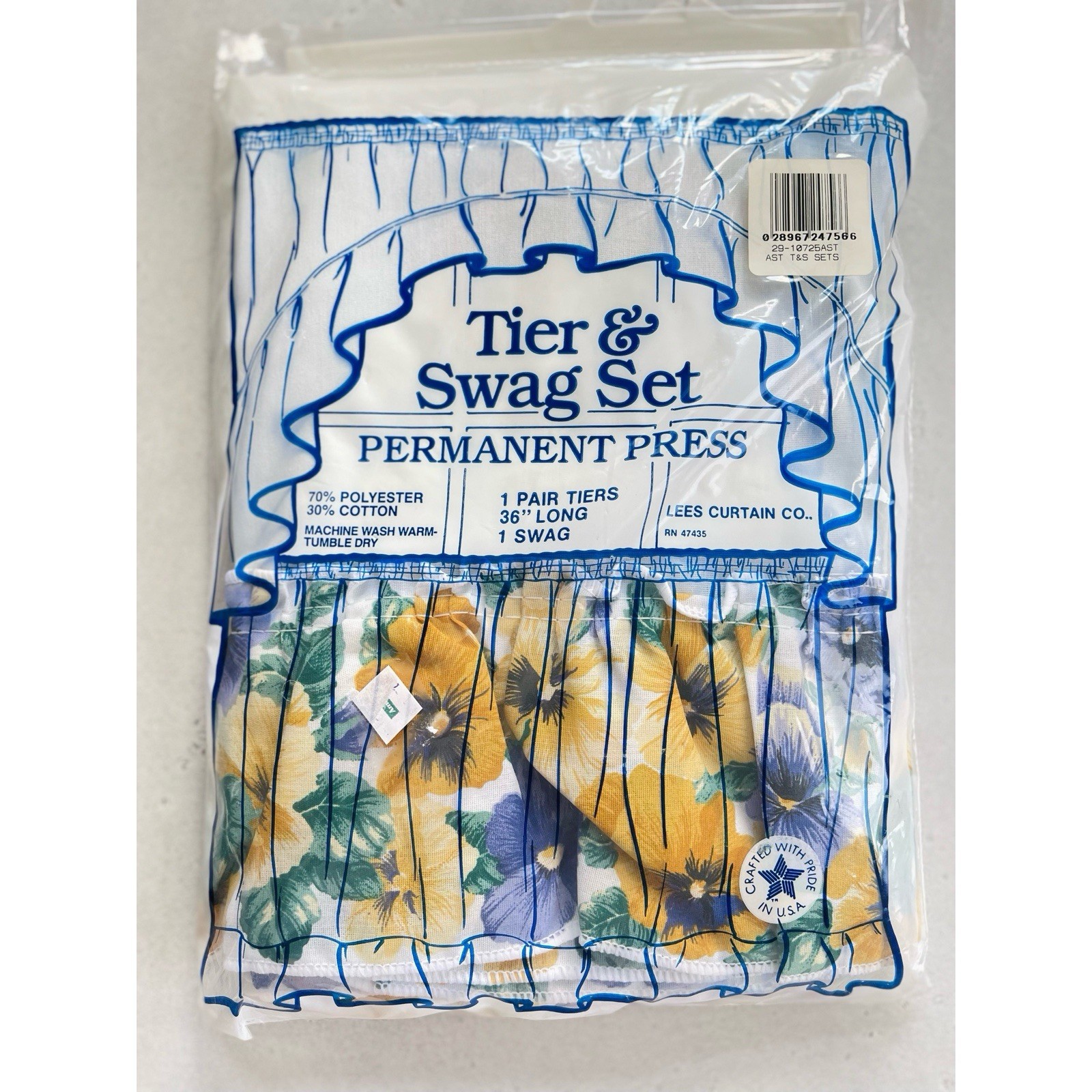 Vintage Lees Curtain Co Pansies Flowers Panels Tier & Swag Set Cottagecore New