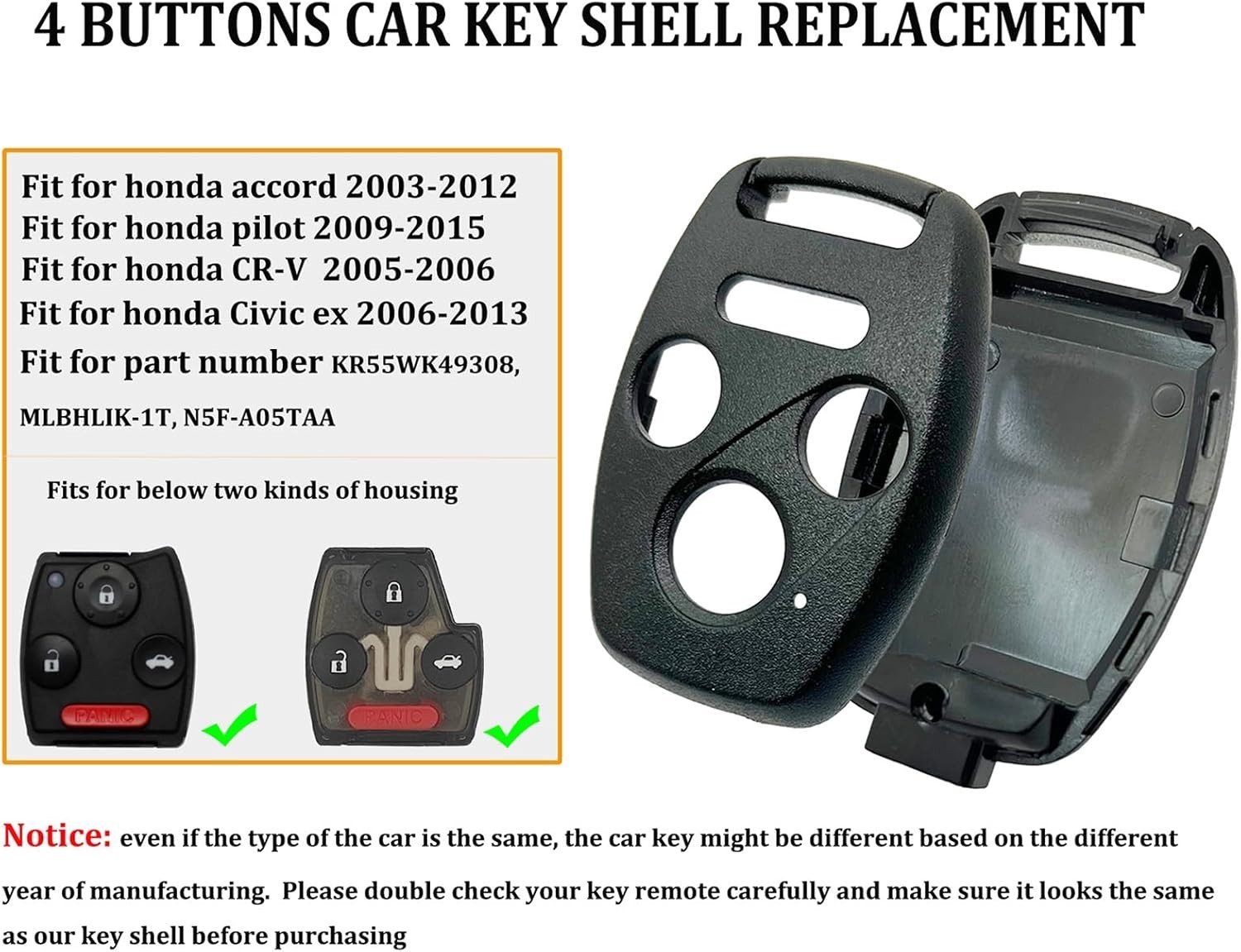 1/2 Pack Key Fob Shell Case Replacement Fits for Honda Accord 2003-2012 / Civic