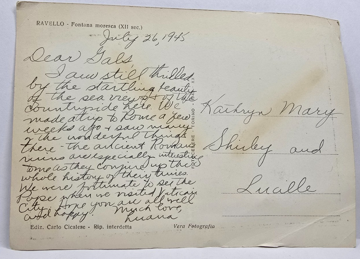 1945 Postcard RAVELLO Italy Fontana Moresca XII Sec. Real Photo RPPC Written