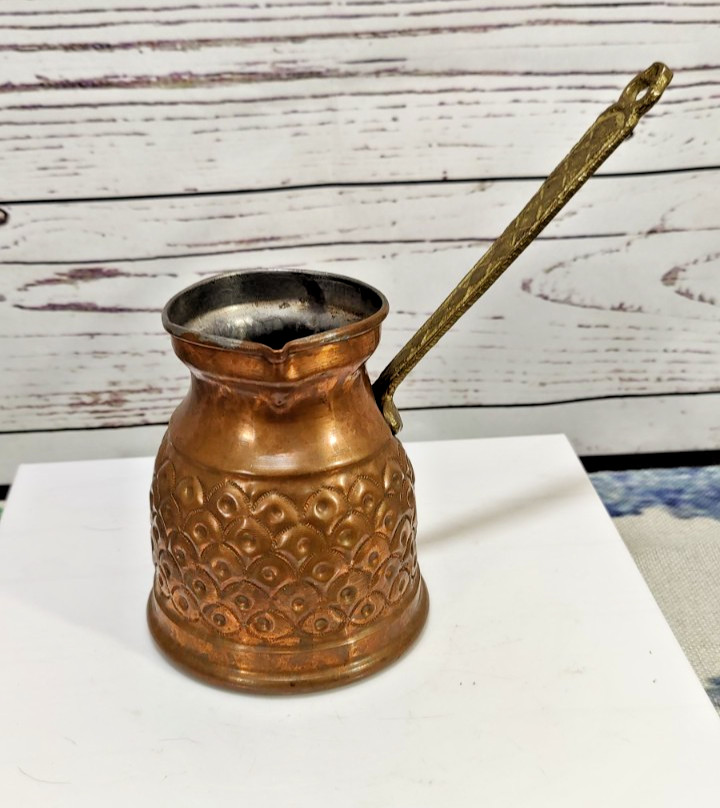 Vintage Etched Copper Turkish Cezve Coffee Pot Brass Handle