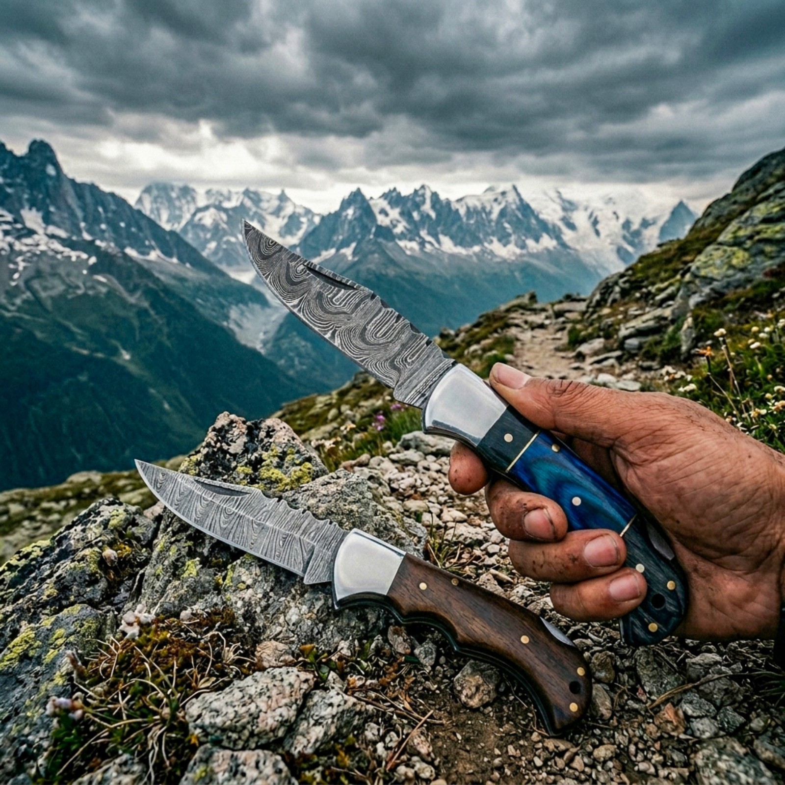 Handmade Damascus Folding Knife Set – Wooden Handle Pocket Knives