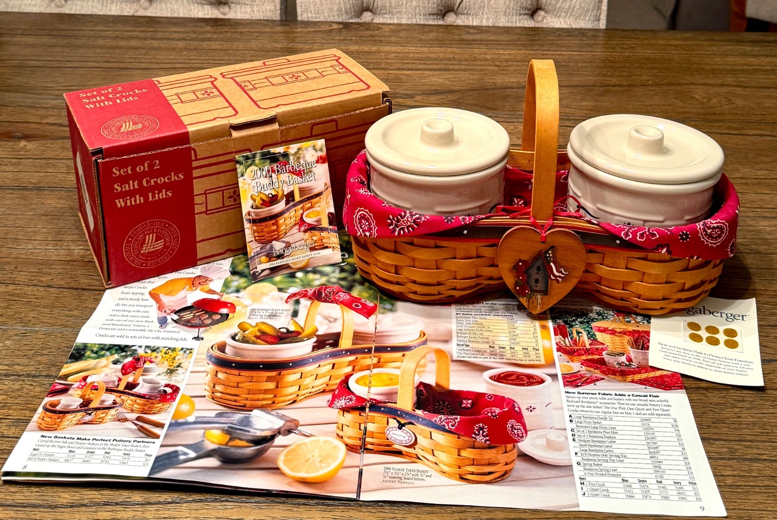 Longaberger BARBEQUE BUDDY BASKET COMBO, BLUE CROCKS, LINER, PROTECTOR,TIE,FLYER