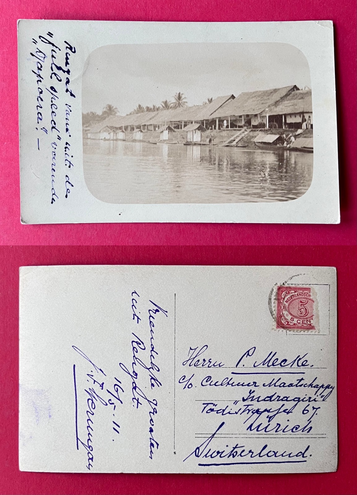 Photo postcard Netherlands Indonesia? circa 1911 river houses ( 174562