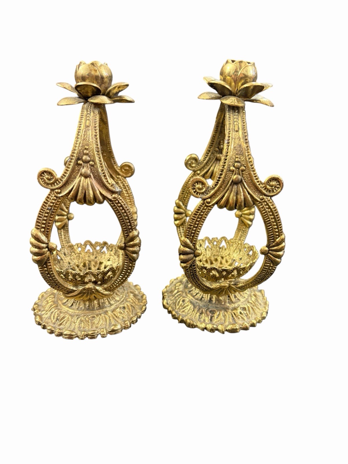 Hollywood Regency Pair Sphere/Egg Cages & Mini Candle Holder Ornate Gilt Metal