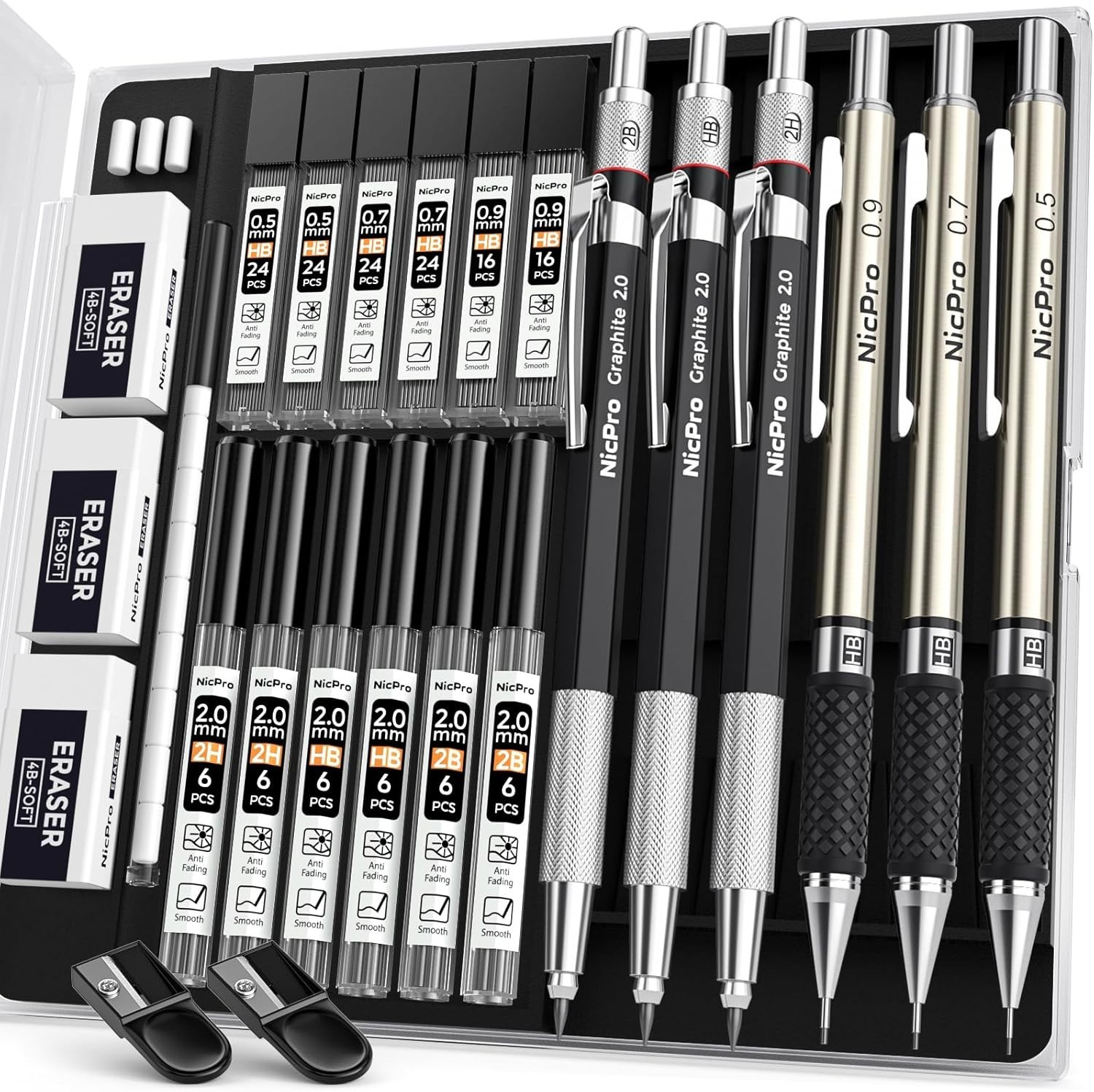 Precision Mechanical Pencil Set: 6PCS with Various Lead Sizes & Refill Case