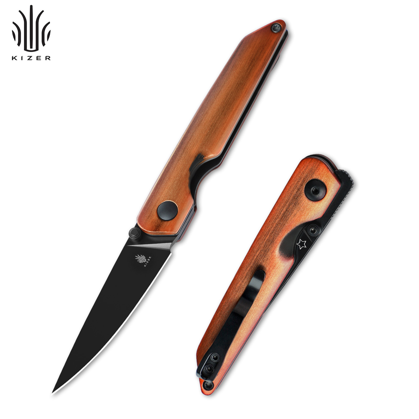 Kizer Shot Drop Point Folding Pocket Knife 154CM Blade Aluminium Brown Handle