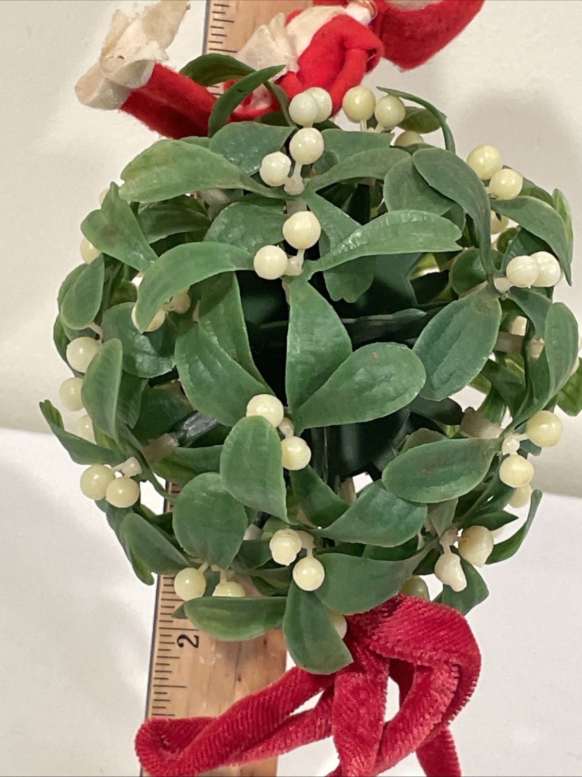 VINTAGE NAPCO HANGING PLASTIC MISTLETOE BALL with FELT PIXIE ELF ON TOP