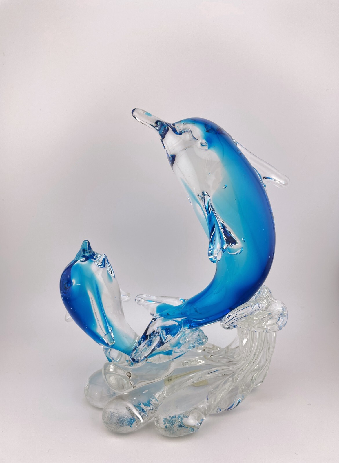 Murano Style Art Glass Dolphin Figurine Blue Clear Hand Blown Sculpture Decor