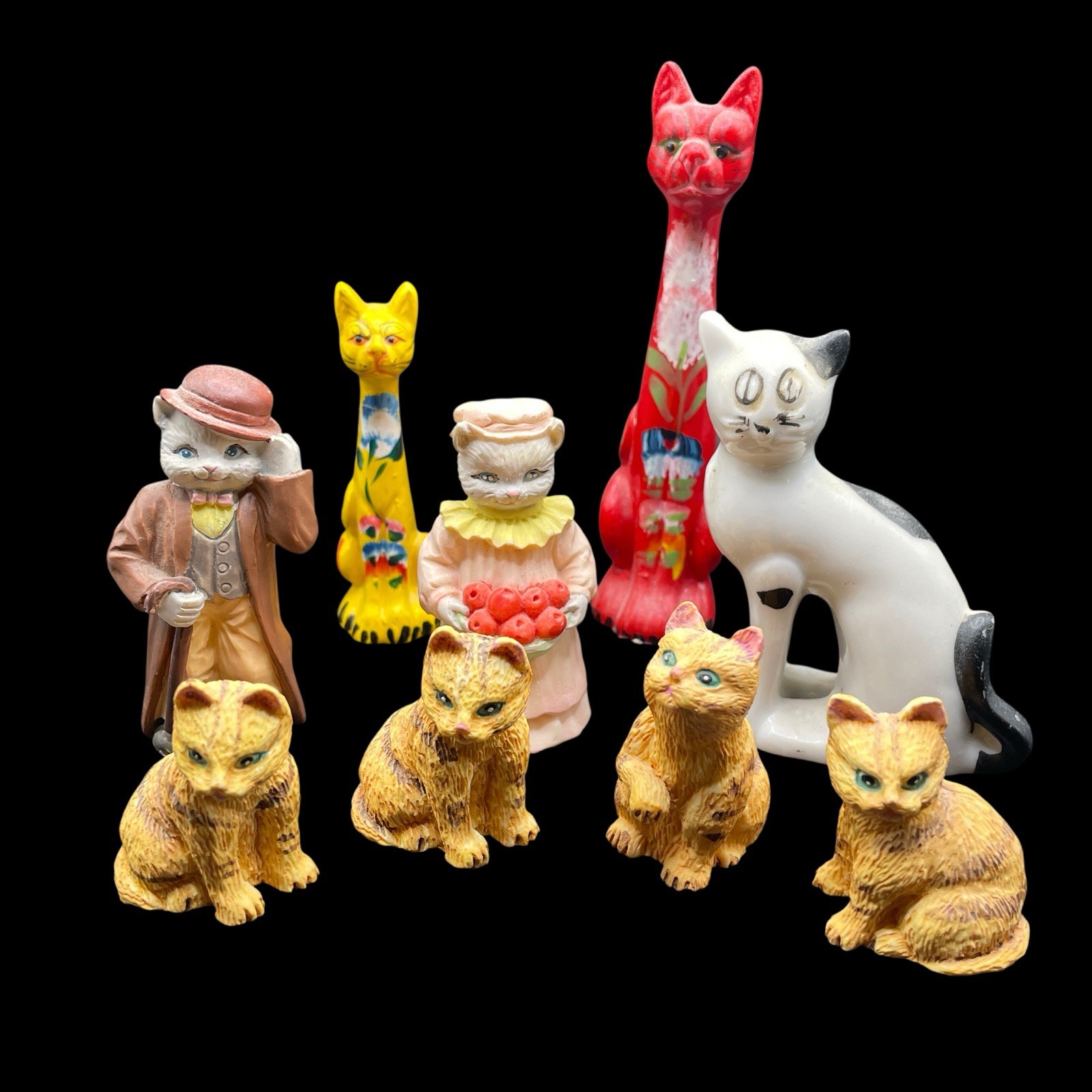 Miniature Cat Figurines 9 pc Mixed Materials Yellow Cat With Repair