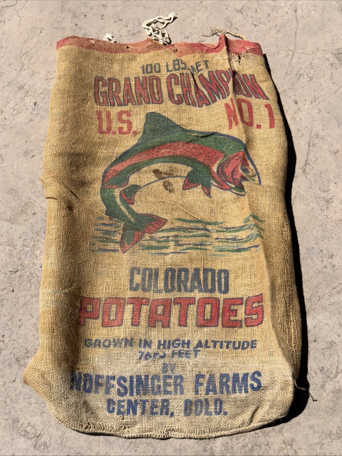 VTG Grand Champion Rainbow Trout Colorado Potatoes Burlap Bag 100 lbs Gunny Sack