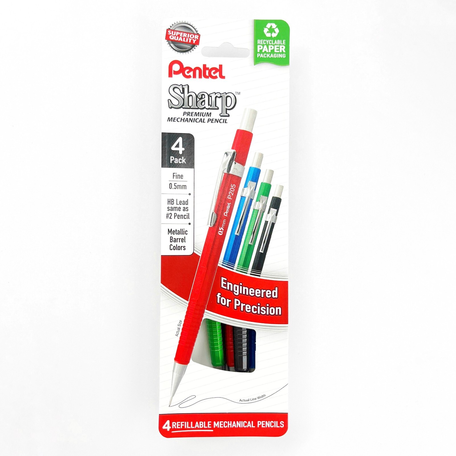 Pentel P205 Series Mechanical Pencil Set of 4 Metallic Barrel Colors (0.5mm)