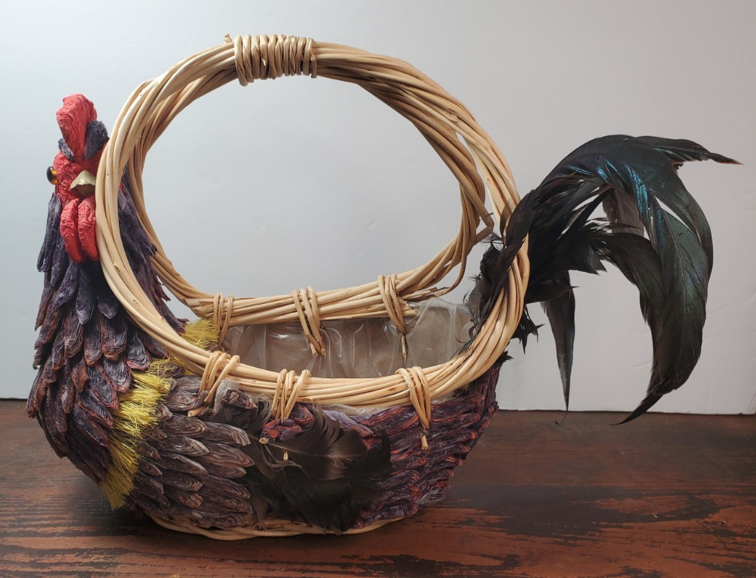 Handmade Paper Mache Woven Wicker Rooster Basket, With Iridescent Feathers