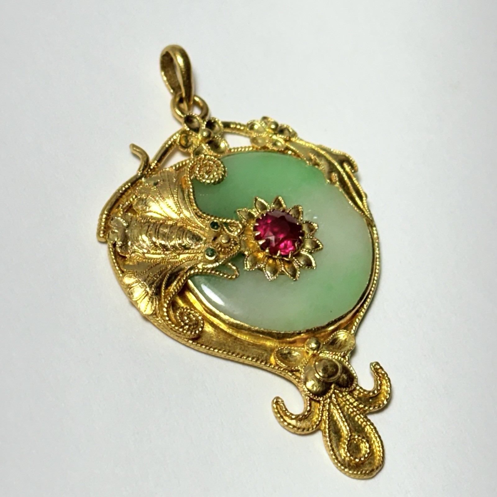 24K Yellow Gold Jade Disc Lab-Created Ruby Flower Moth Pendant 10.3g