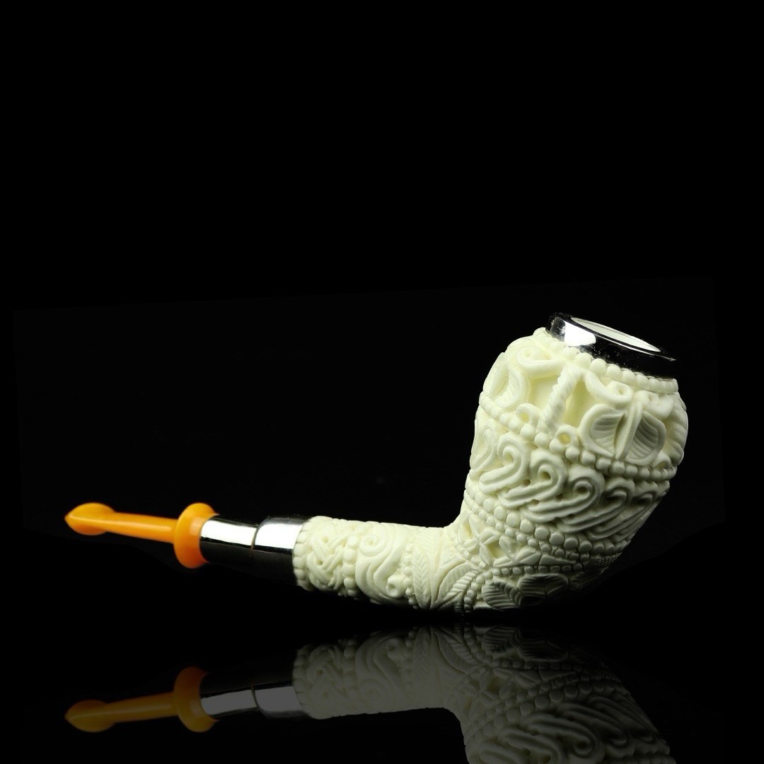 Silver Spigot Ornate Pear Pipe New block Meerschaum Handmade Fitted Case#1647