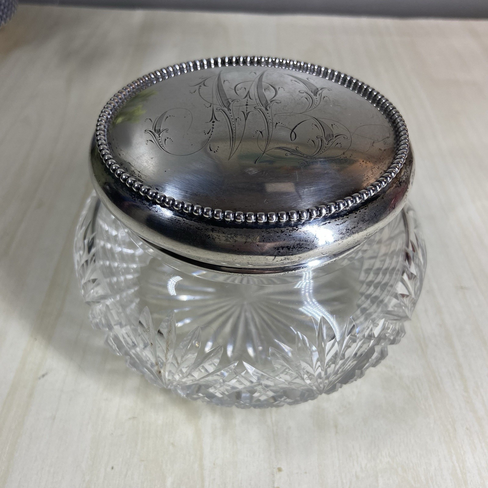 Antique Cut Glass Vanity Jar with Sterling Silver Lid 5”