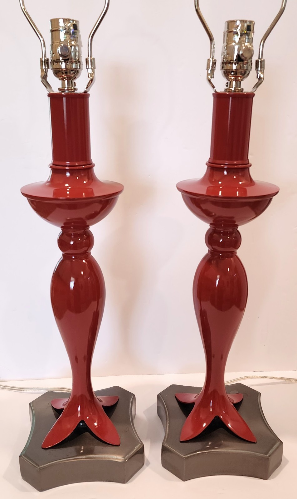STIFFEL Pair (2) Table Lamps Gloss Rust Orange/Red & Satin Nickel *Imperfections