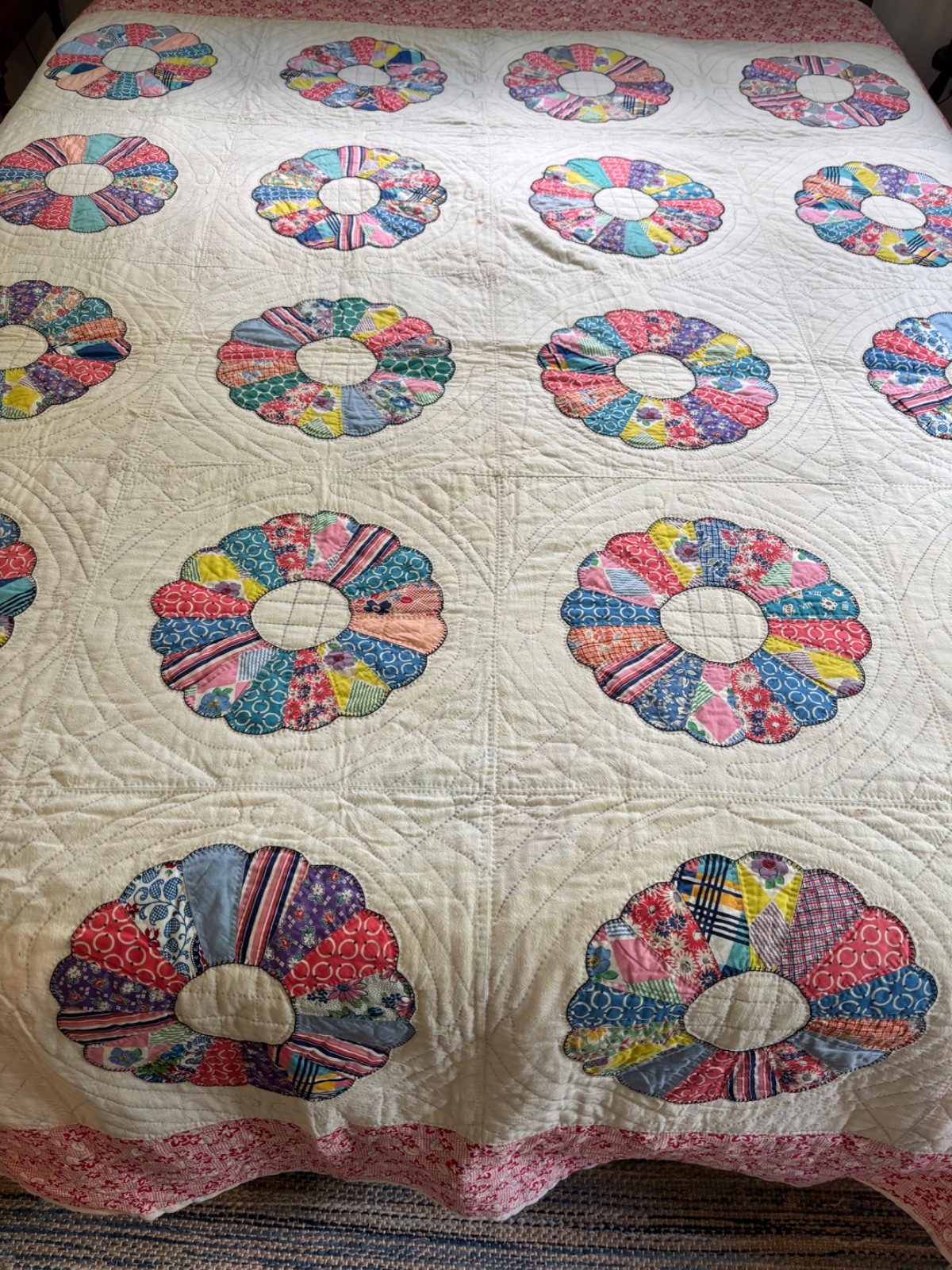 1930’s/1940’s Vintage Dresden Plate Quilt Handmade Hand Quilted 82”x94” Full/QU