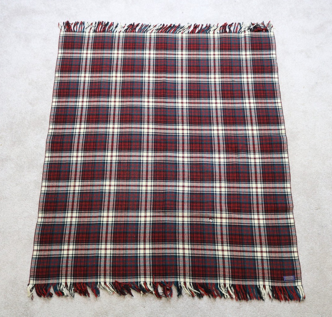 Vintage 1940s Pendleton Plaid Wool Fringe Tartan Blanket 50×62 USA Stadium