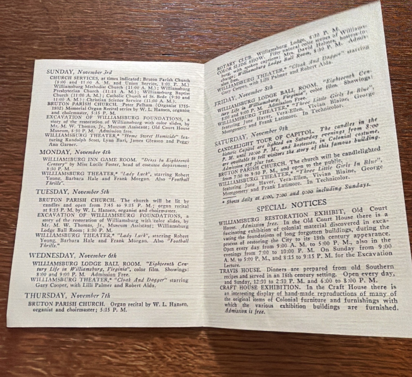 Colonial Williamsburg Event Program November 3 Through 9, 1946