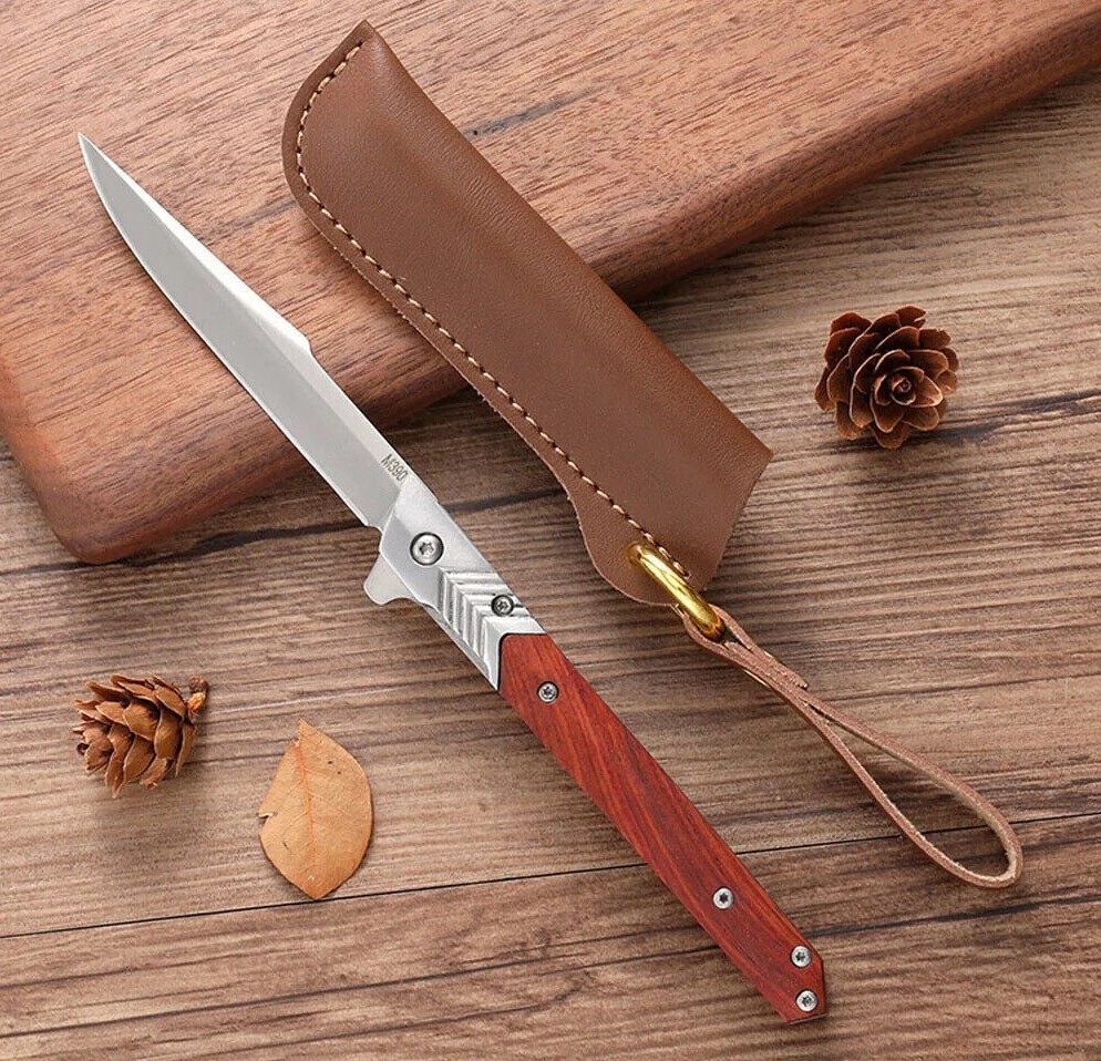 Folding Blade Knife M390 Steel Blade Camping Hunting Pocket Knife Leather Sheath
