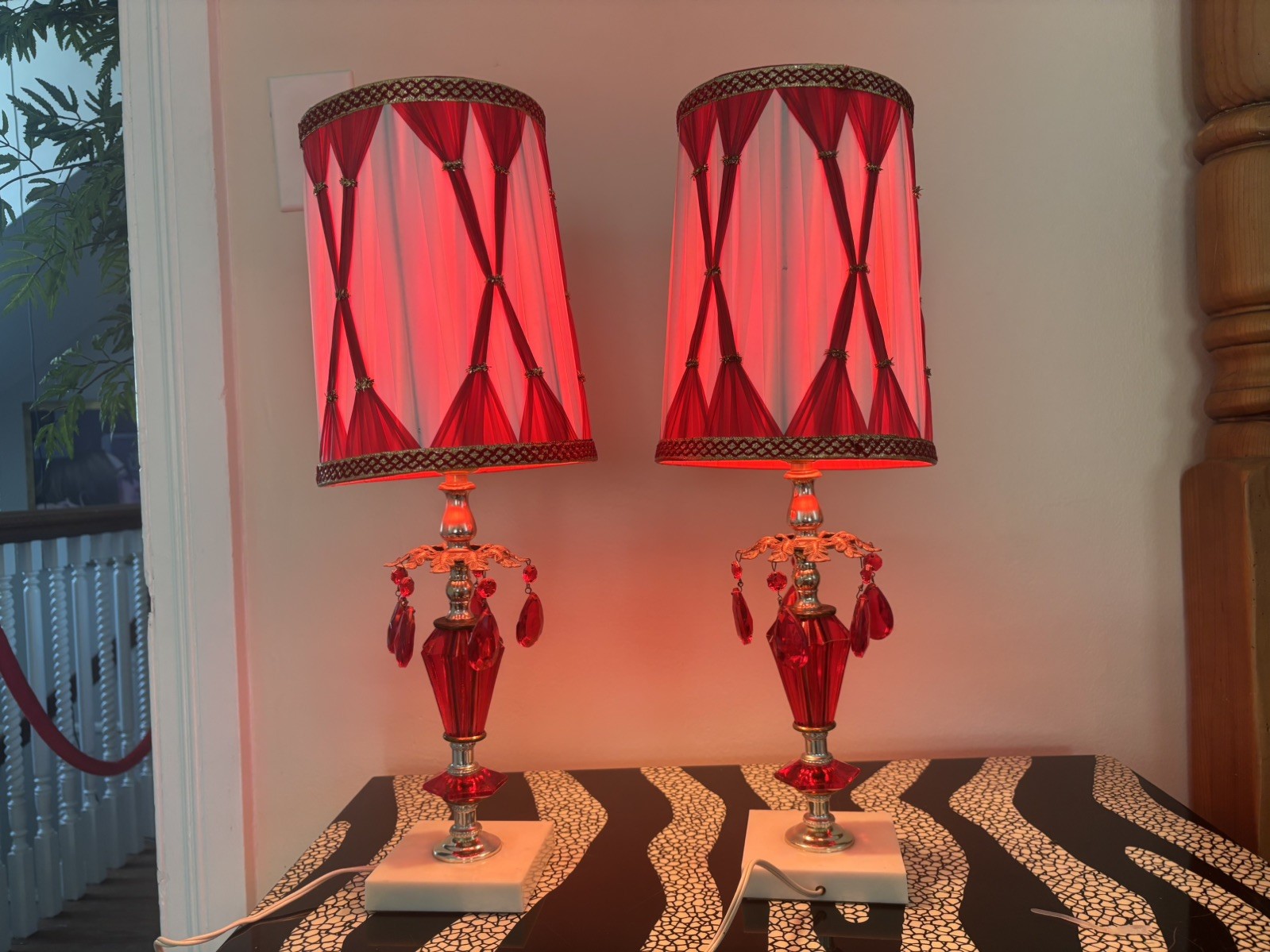Vintage Red Hollywood Regency Lamp Crystals Gold Marble Punch Pleat Shade Lot 2