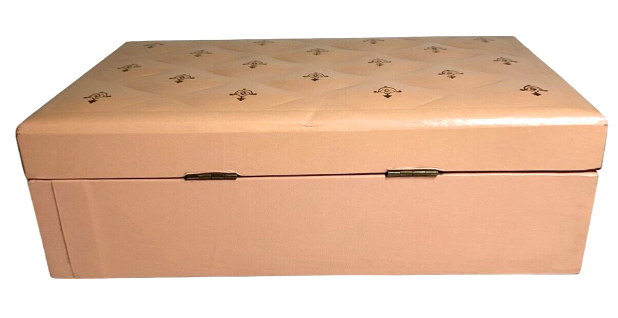 Vtg Peach Diamond Pattern Locking Tiered Jewelry Box WITH KEY 11.25” l x 3.5” h