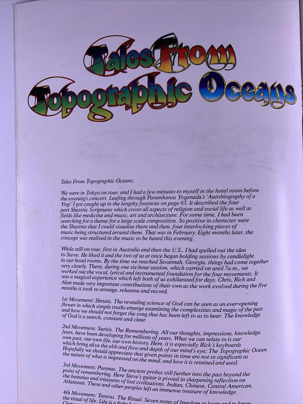 Yes Program Original Vintage Tales From Topographic Oceans Souvenir UK Tour 1973