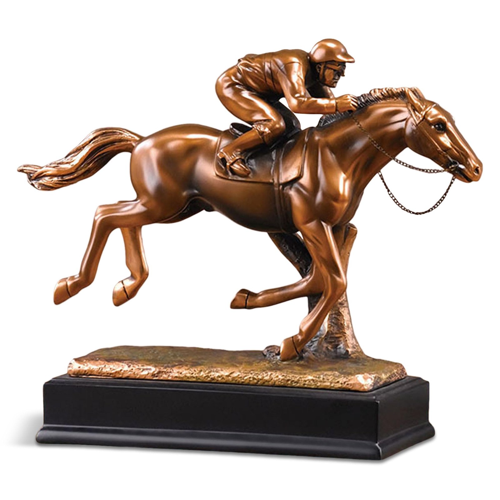Marian Imports Jockey on Horse Bronze-Plated Resin Sculpture 12×3.5×9.5in