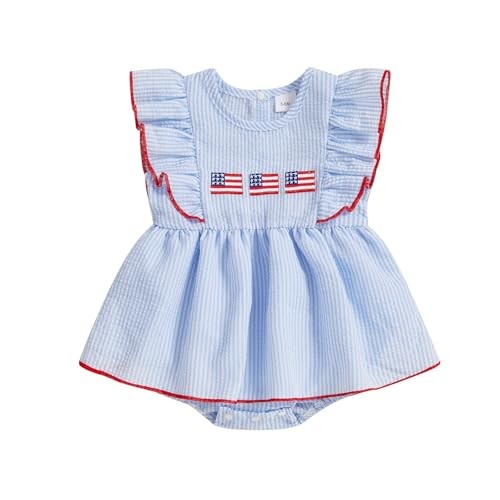 Baby Girl 4th of July Outfits Newborn USA Bubble Smocked 3-6 Months Blue Flage
