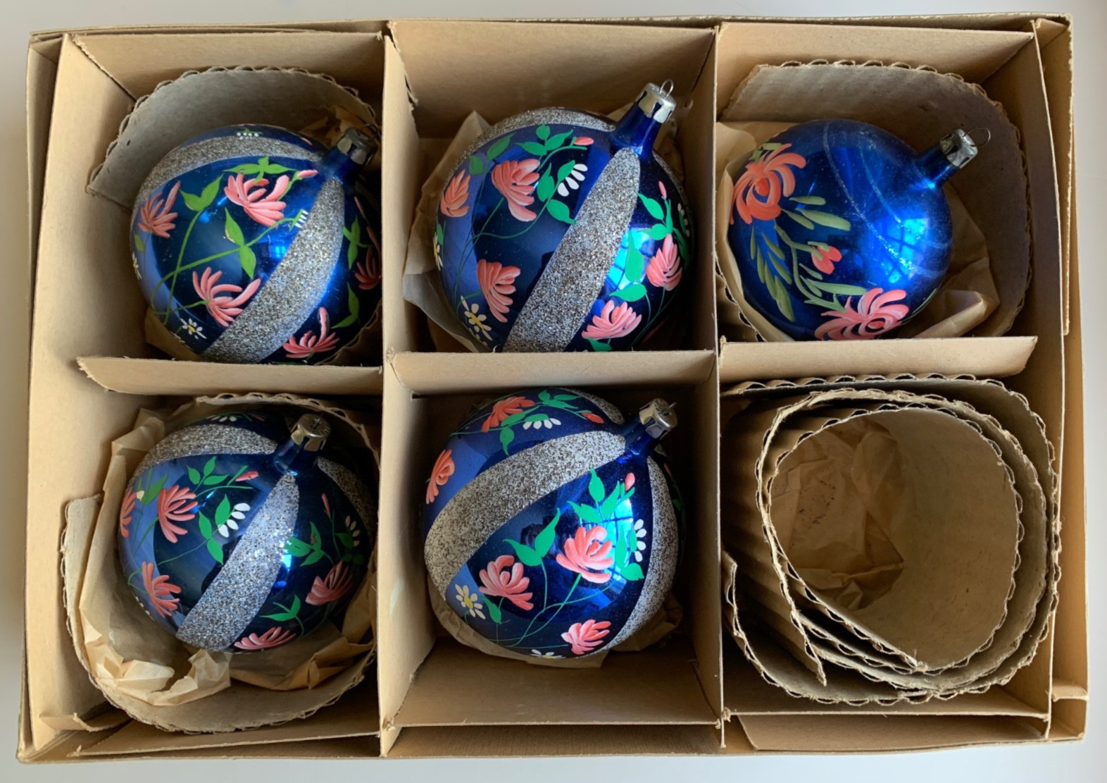 VTG Box of Jumbo Fantasia Ornaments Cobalt Blue Floral Hand Painted Mica Poland