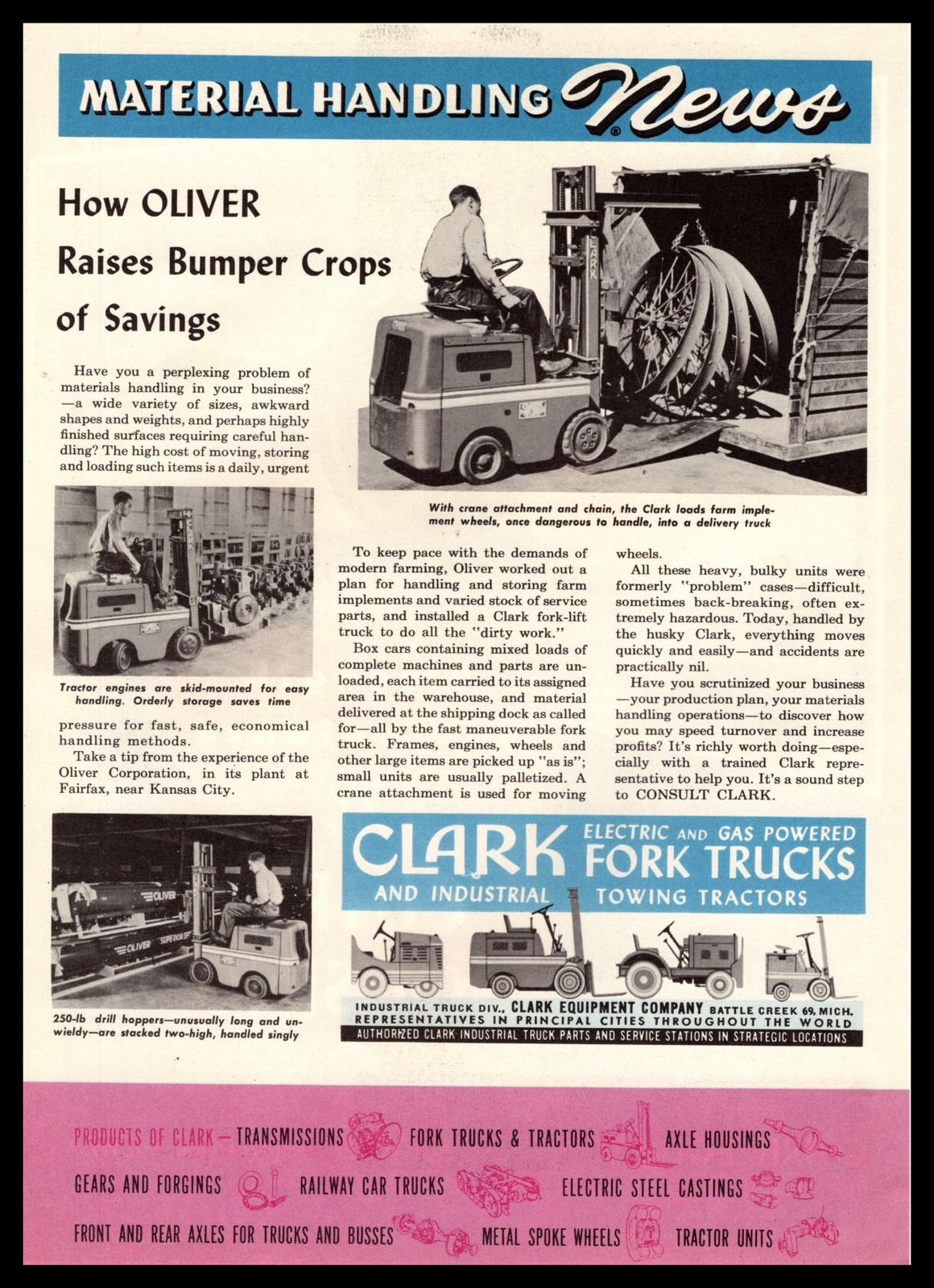 1949 Clark Electric Gas Powered Fork Trucks Industrial Towing Tractors Print Ad