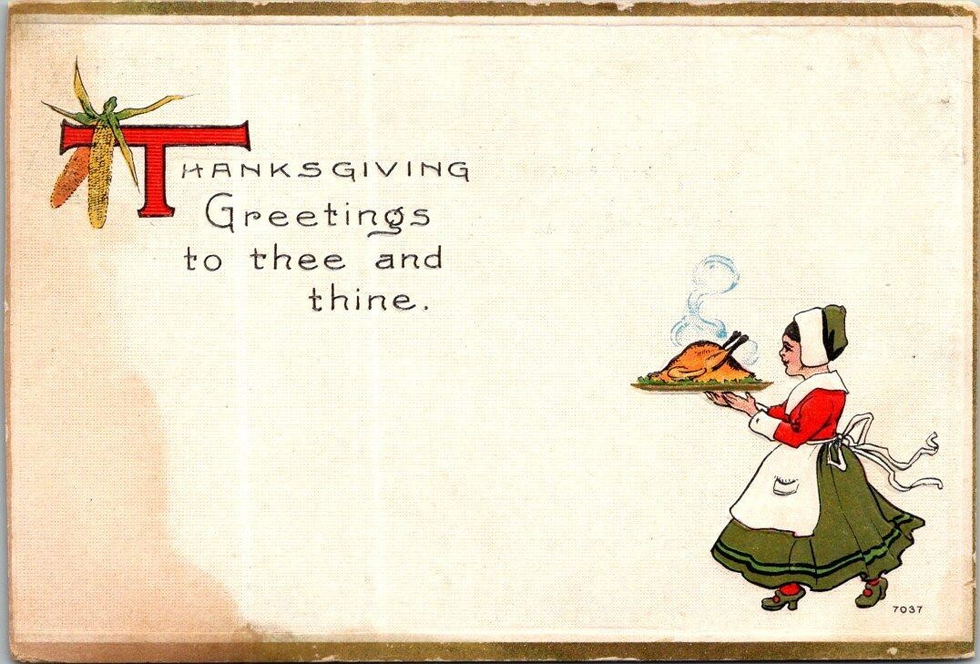 Vtg Thanksgiving Greetings To Thee & Thine Pilgrim Turkey Postcard Posted 1914