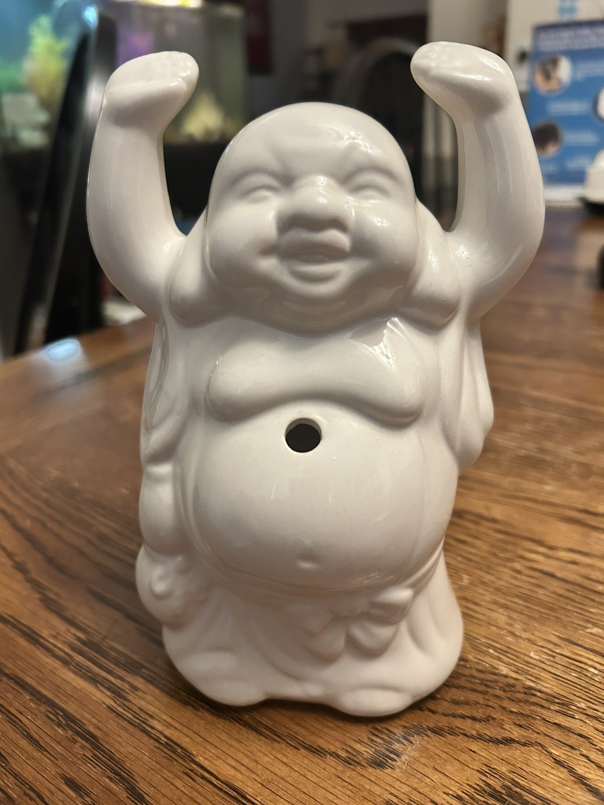 Happy Arms Up Buddha Tiki Drink Mug DW123 White Porcelain Belly Hole for Straw