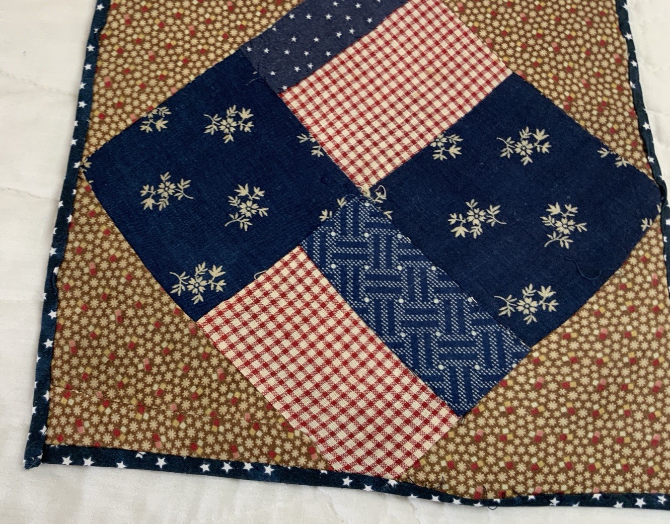 Antique Patchwork Quilt Table Topper, Four Patch, Early Calicos, Brown, Navy