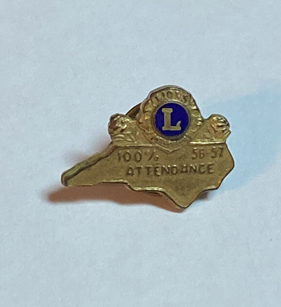 Lions Club 100 Attendance Award Pin Vintage Metal Lapel 1956 1957 North Carolina