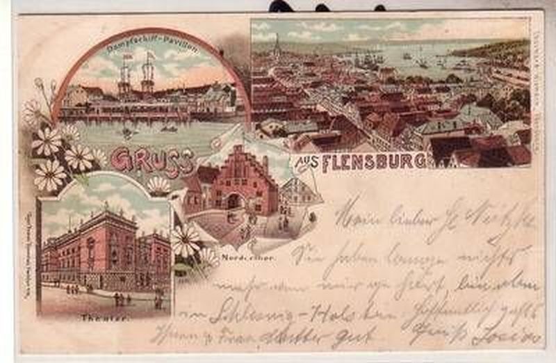 54128 Postcard Lithograph Greetings from Flensburg 1898