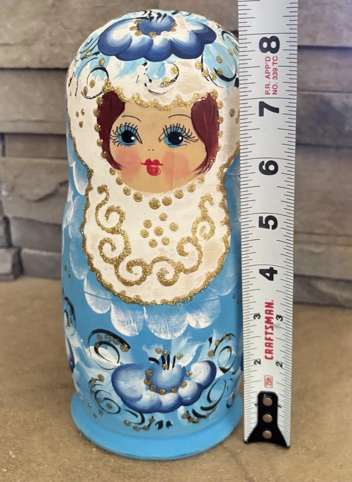 Matryoshka Hand Painted Matte Finish Blue Raised Gold Wood Nesting Doll Set 7 Pc