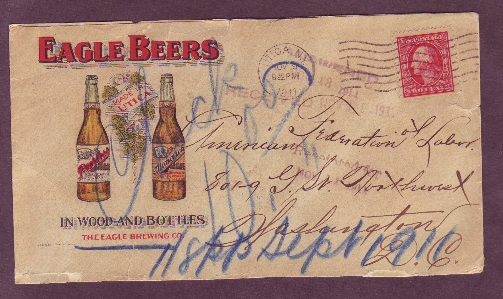 EAGLE BEER – MULTICOLOR ILLUS Early ADVERTISING Cover 1911 Utica NY to DC !!