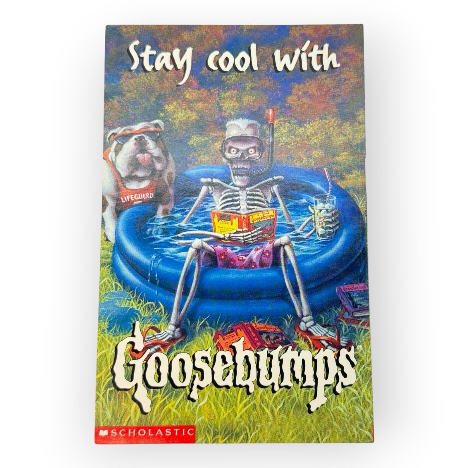 Goosebumps 1997 Postcard Skeleton Pool Stay Cool RL Stine Vintage Unused 3×5