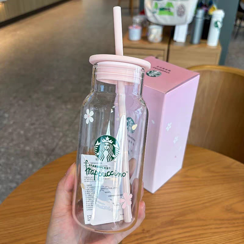 Starbucks 2025 China 17oz Pink Sakura Glass Coffee Cup With Straw Milk