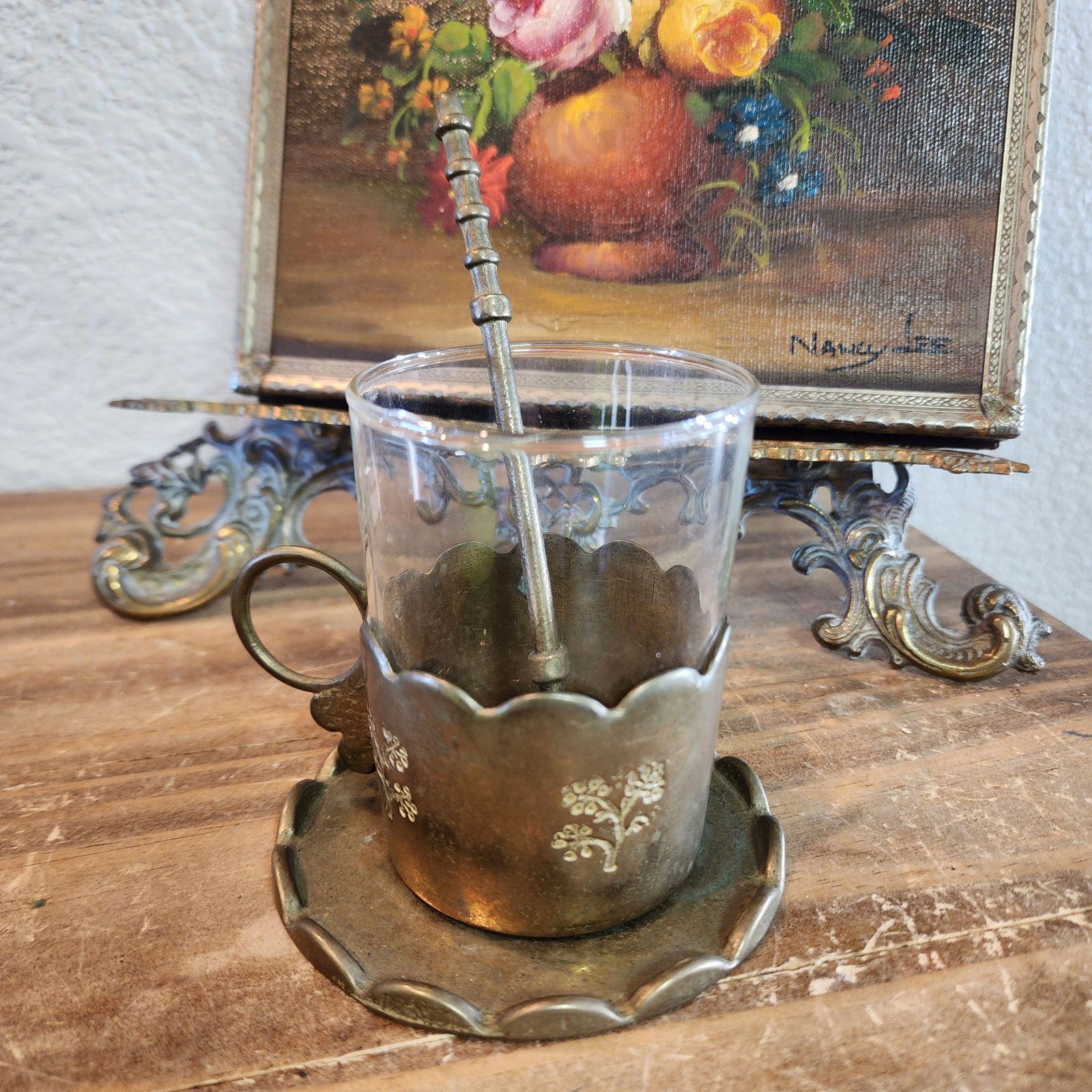 Metal & Glass Tea Cup and Saucer Set Silver Floral Etched w/ Handle 2pc