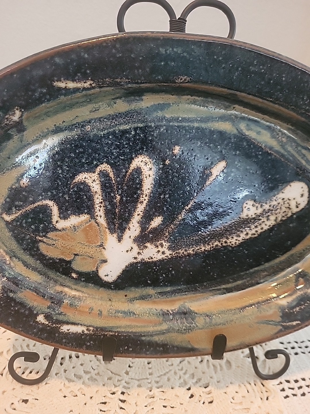 Oval Serving Platter Plate Abstract Dark Blue Multicolor Pottery Signed OOAK